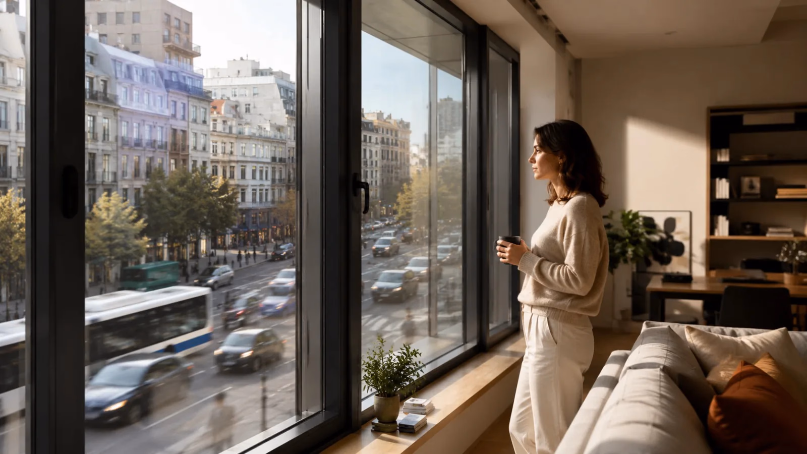 Ventana acústica con vidrio asimétrico, juntas, persiana, aireador, montaje y segunda ventana interior