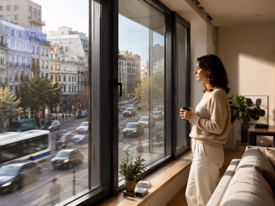 Ventana acústica con vidrio asimétrico, juntas, persiana, aireador, montaje y segunda ventana interior