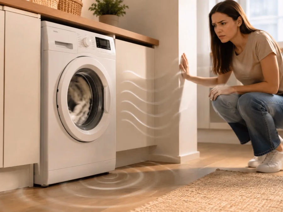 Lavadora y frigorífico transmitiendo vibraciones mediante sus patas, muebles, suelo y paredes